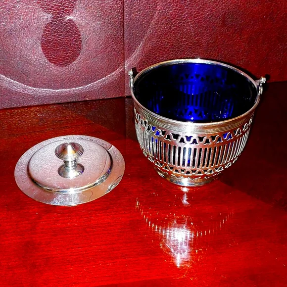 Reed & Barton Sugar Basket w/ Cobalt Blue Glass Insert and Lid